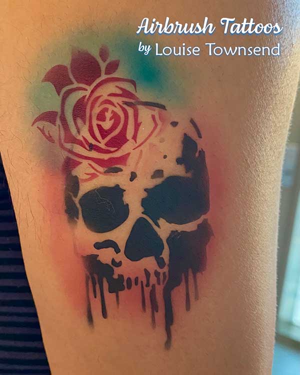 Waterproof Airbrush Tattoo skull and red rose by Louise Townsend Party in San Francisco Bay Area